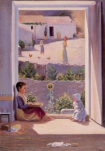 Bambini alla finestra e un girasole (due in uno)